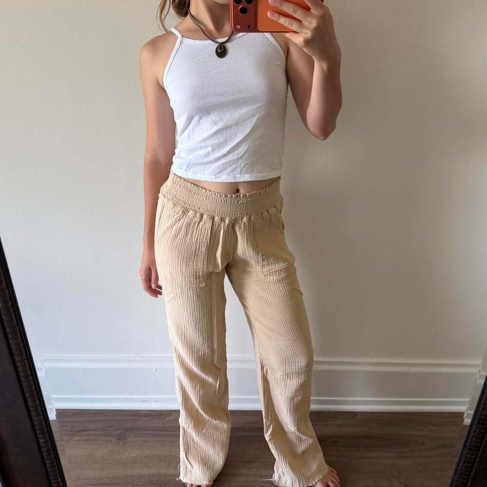 Sincerely Jules 100% cotton beige textured gauze pants with smocked waistband